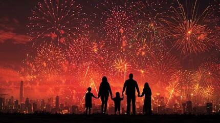 Silhouetted family enjoys Diwali fireworks together on a rooftop at night