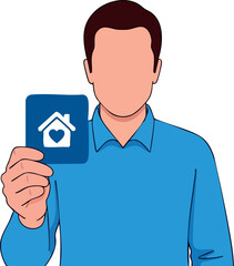 Man holding house icon card in blue shirt real estate concept vector illustration