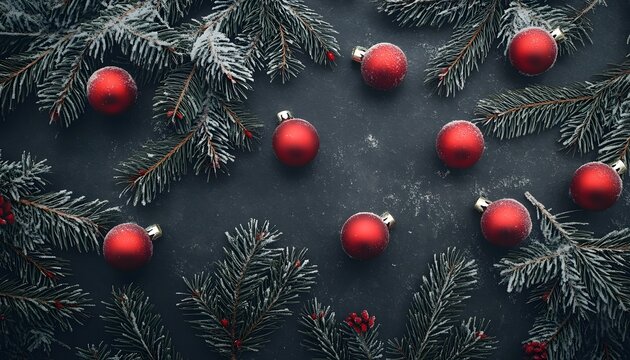 The image shows multiple red Christmas baubles arranged amongst sprigs of pine branches dusted with snow, all set against a dark gray background.
