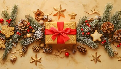 A gold gift box with a red ribbon is the centerpiece, surrounded by pine branches, pine cones, berries, star-shaped cookies, and gold stars on a beige background.
