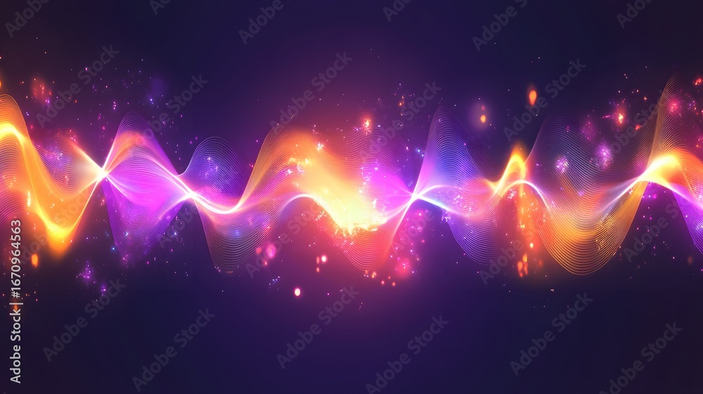 Wall mural abstract wavy design with vibrant colors and glowing particles.