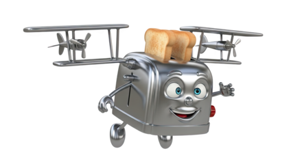 Cartoon toaster airplane with bread flying high quality render for kids and breakfast lovers design concept on transparent background