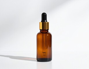 Fototapeta premium Amber glass dropper bottle, showcasing a skincare product, against a white background with dramatic shadows.