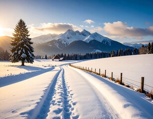 Snowy winter landscape with a road leading to mountains