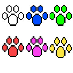 Cat paw prints, pixel, vector, decorative, cat, animal feet, cute, set, white, black, green, yellow, pink, hand-drawn