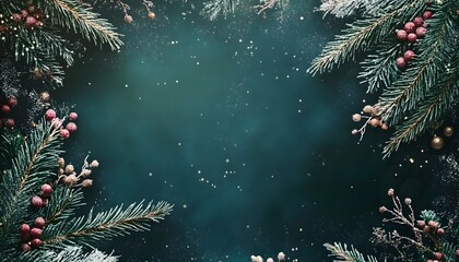 The image shows a border of snow-dusted pine branches with red berries and gold accents against a teal background, with a sprinkling of artificial snow.
