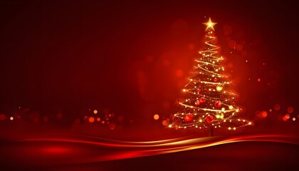 The illustration shows a stylized Christmas tree with red and gold ornaments, glittering lights, and a gold star on top against a dark red background.