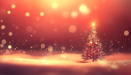 A decorated Christmas tree stands in a snowy landscape, illuminated by warm lights and surrounded by bokeh effects.