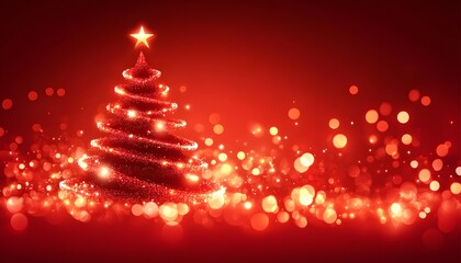 A stylized red Christmas tree sparkles against a red background with bokeh effects, and is topped with a gold star.