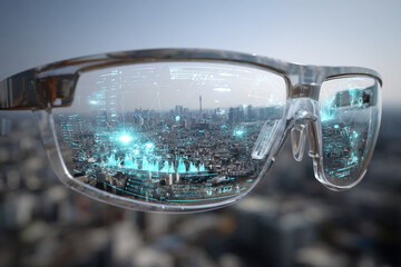 A POV shot from a user wearing AR glasses, with holographic elements and data points floating in front of their eyes.