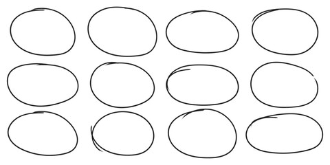 Hand drawn red crayon ovals and circles. Ellipses pencil doodle style set. Red round rough thin frames. Round freehand shapes, emphasis highlights. Ovals and circle with Vector ink . Eps 10. 