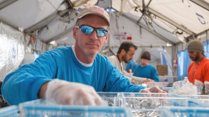 Disaster relief logistician unpacking surgical instruments in field hospital centered figure crisp with softfocus tent and team activity behind.