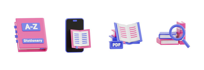 3D Digital Reading and Research Icon Set