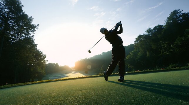 A hyper-realistic cinematic photograph of a golfer at the peak of their backswing. The golfer's body is a coil of tension and power, with their eyes focused on the ball. The lush green of the 