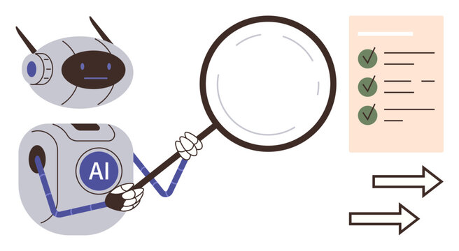 Robot with AI label holding magnifying glass inspecting checklist with green ticks, symbols for insights. Ideal for automation, research, technology, data analysis, productivity, quality control