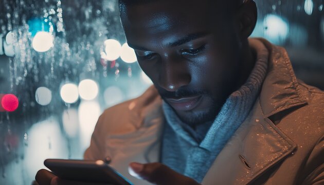 A young man is standing outside at night in the rain and looking at a tablet he is holding. - Powered by Adobe