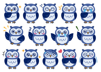 Fototapeta premium ミミズク_いろんな表情セット05（ブルー）