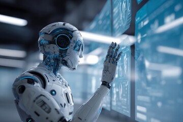 Futuristic robot interacting with holographic screens