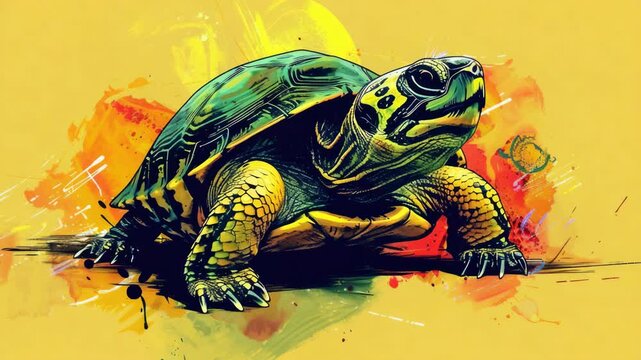 Artistic  of a cartoon-style turtle with an orange shell walking across the sand.