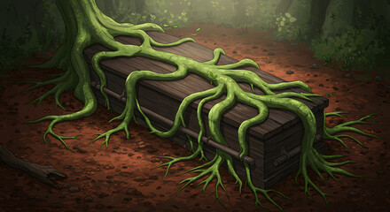 Roots Embracing Casket: A symbolic depiction of nature reclaiming its hold. The casket is enveloped by verdant roots.
