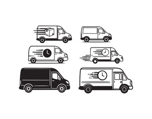 Illustration set of black and white vans. A collection of delivery vehicles. Vector logo for cargo vans. Icons of delivery vans.