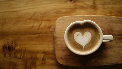 The image shows a top view of a latte with heart-shaped foam art in a white cup on a light brown wooden tray, set against a wooden background.