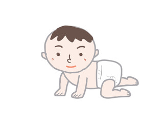 Illustration of a smiling, round-faced baby in a diaper, crawling on all fours