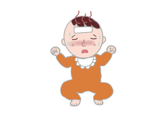 Illustration of a baby wearing orange clothes and suffering from a fever