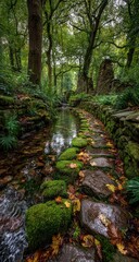 A mossy stone path winds through a tranquil woodland stream