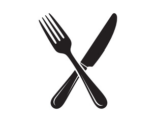 A black silhouette of a crossed fork and knife icon, vector isolated.