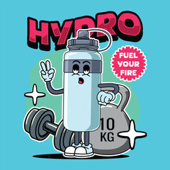 Cute cartoon sport blue bottle character standing pose with gloves, sneakers, and a happy face illustration