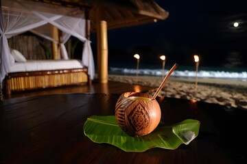 Exotic tropical getaway relaxing evening ambiance with bed and lanterns