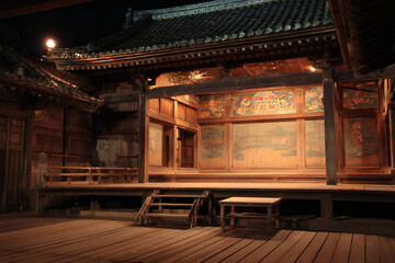 夜に照らされた伝統的な能舞台の風景