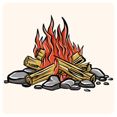 Lit Campfire Illustration with Firewood and Stones