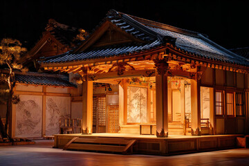 夜に照らされた伝統的な能舞台の風景