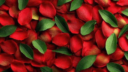 Red rose petals and green leaves, close-up (1)