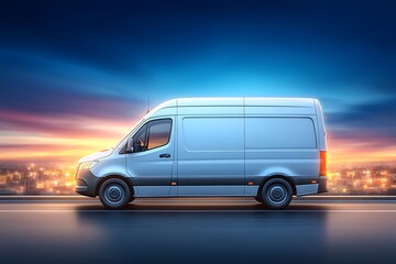 Delivery Van Driving Fast at Sunset with City Skyline, and Transportation Logistics Concept.