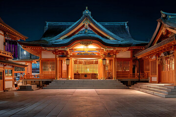 夜に照らされた伝統的な能舞台の風景