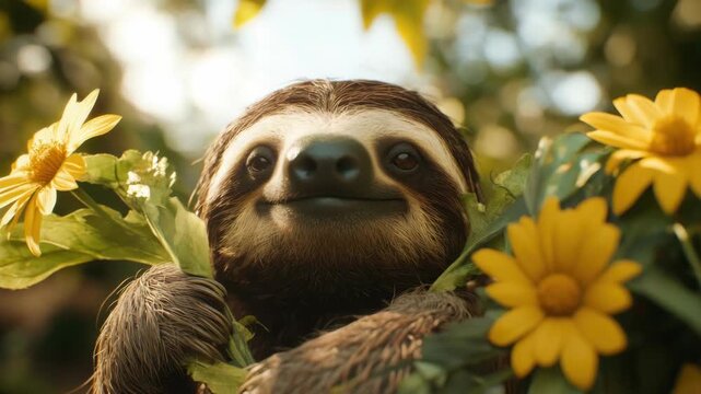 Adorable slow loris perched on a bed of vibrant yellow flowers.