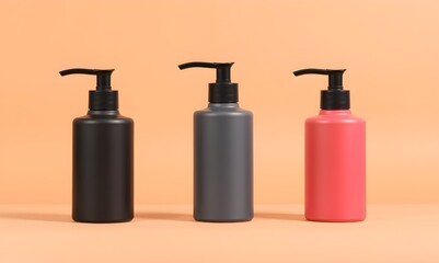 Elegant pump bottles for lotion, shampoo, and soap in black, gray, and coral on soft orange backdrop
