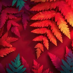 Vibrant autumnal fern leaves in various shades of red and teal, arranged on a deep crimson background