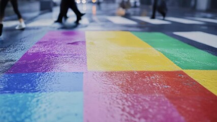 Rainbow crosswalk on a wet city street, reflecting the vibrant colors of a pride flag. The scene shows the impact of rain on pedestrian safety and public spaces.