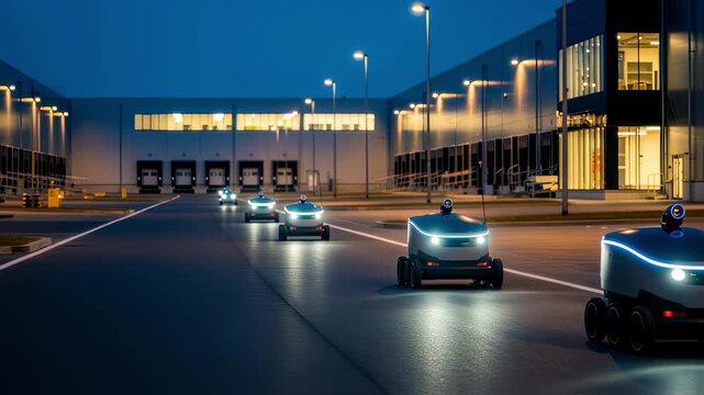 Evening footage of illuminated delivery robots operating safely under lowlight conditions in a logistics park.