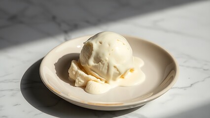 A single scoop of vanilla ice cream on a ceramic plate, showcasing creamy texture with subtle drips against a minimalist marble background.
