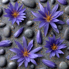 Purple lotus flowers, gray stones, and gold glitter