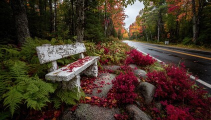 Autumnal roadside bench bathed in fall foliage