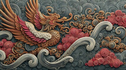 An intricately sculpted dragon emerges from swirling waves and stylized clouds, showcasing a dynamic composition and rich textural detail, evoking power and mythical grandeur.