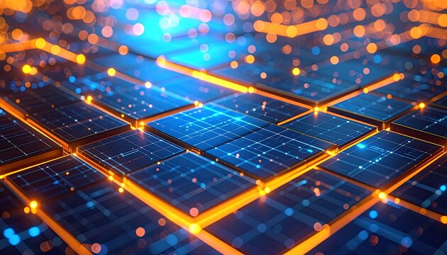 Abstract grid of glowing blue and orange squares, suggesting a network or data visualization