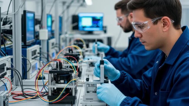 Technicians performing intricate calibration of gyroscope sensors using specialized equipment on an inertial navigation assembly line.