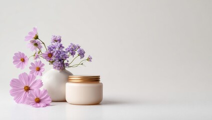 Cream jar and flowers on white background